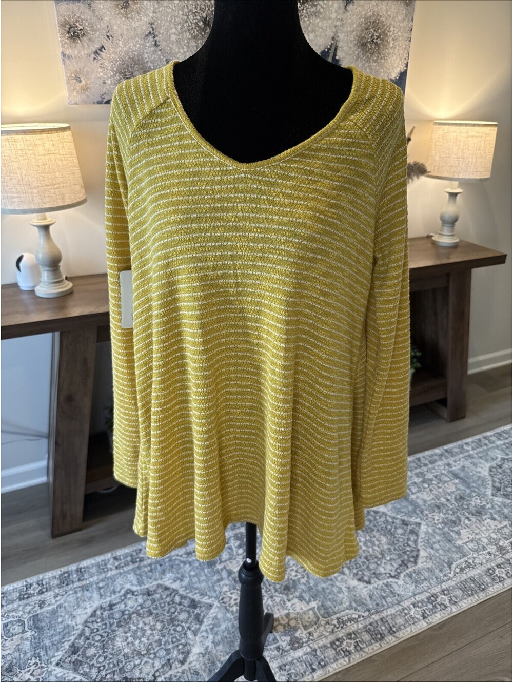 She + Sky Mustard Top Size L Cut Out Back Long Sleeve High Low Fall